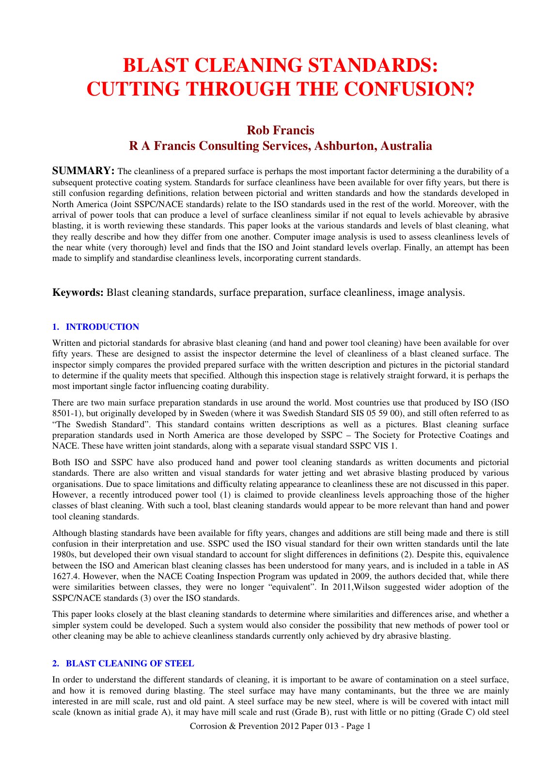 First page of Blast cleaning standards Cutting through
