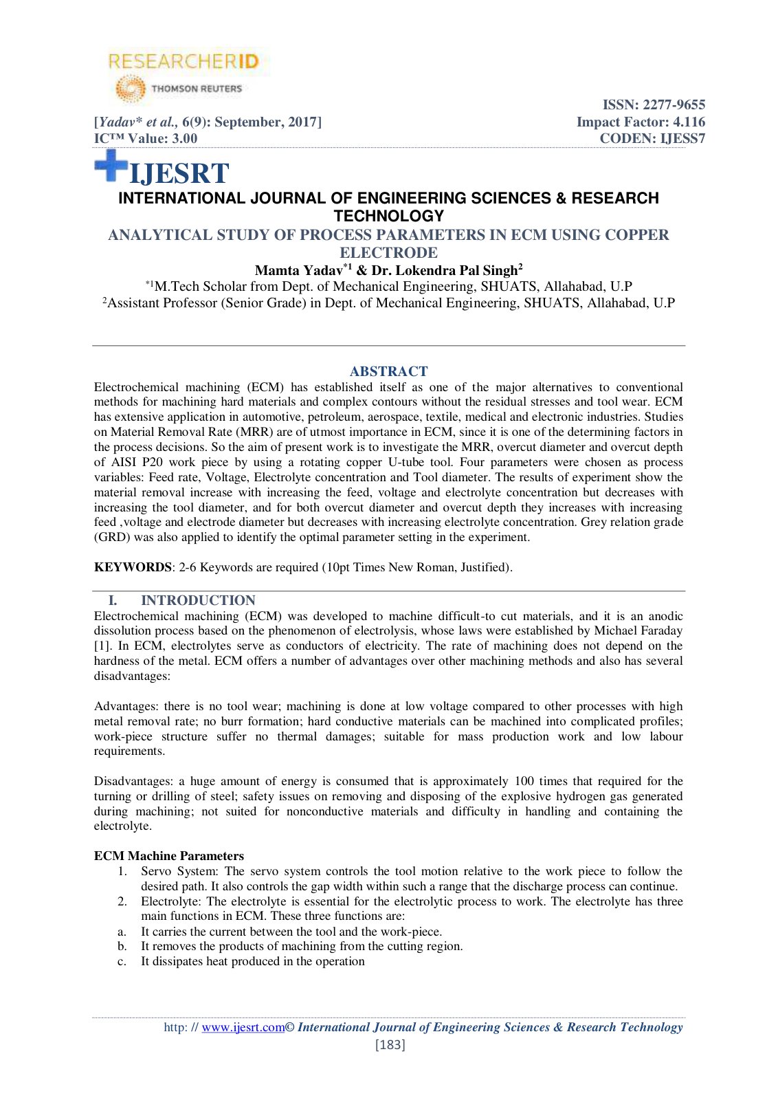 First page of ANALYTICAL STUDY OF PROCESS PARAMETERS I