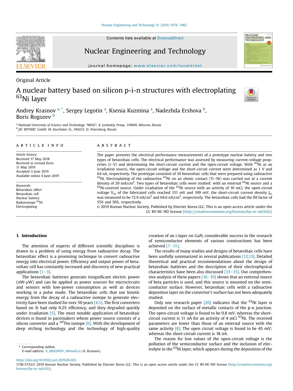 First page of A nuclear battery based on silicon p i n structures with electroplating  sup 63  sup Ni layer
