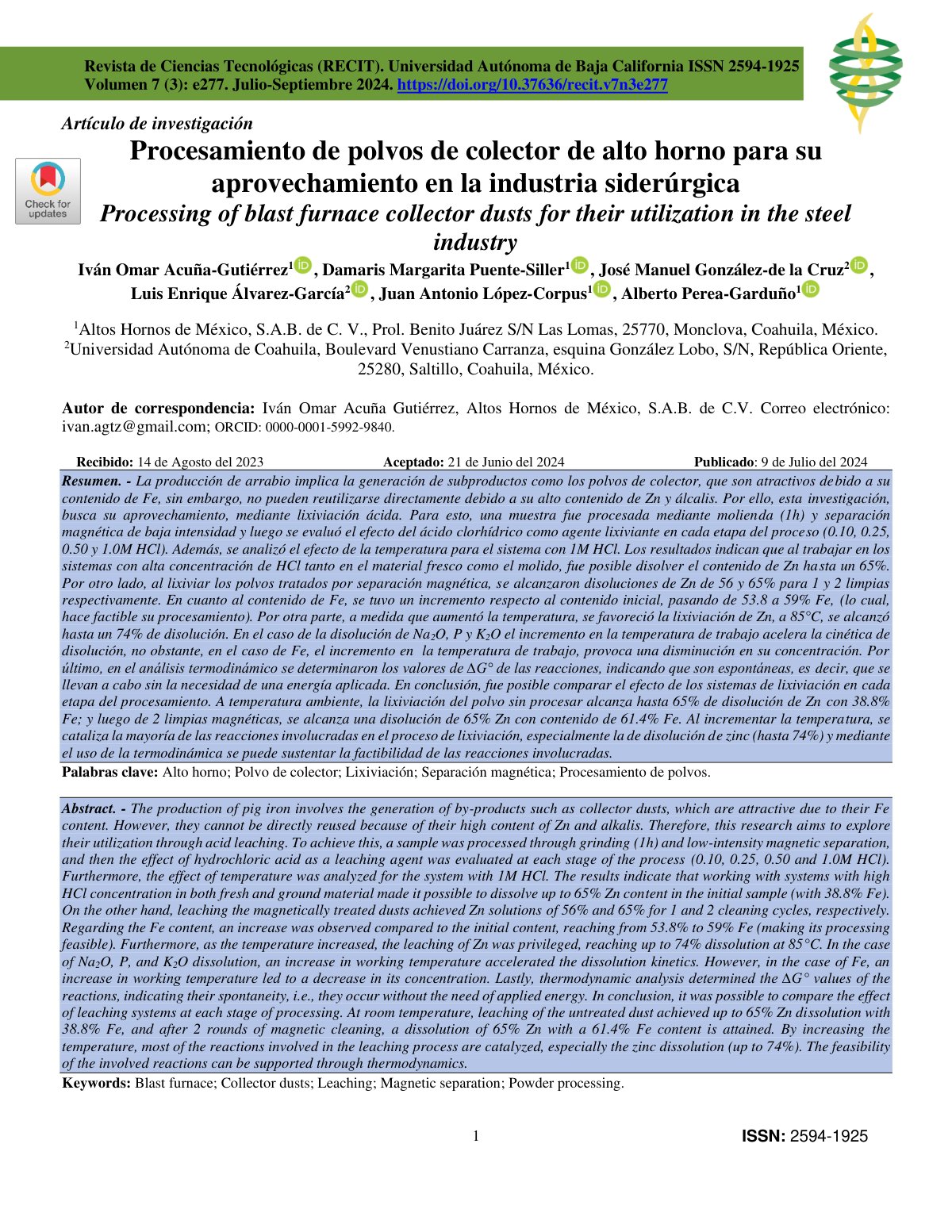 First page of Procesamiento de polvos de colector de alto horno 