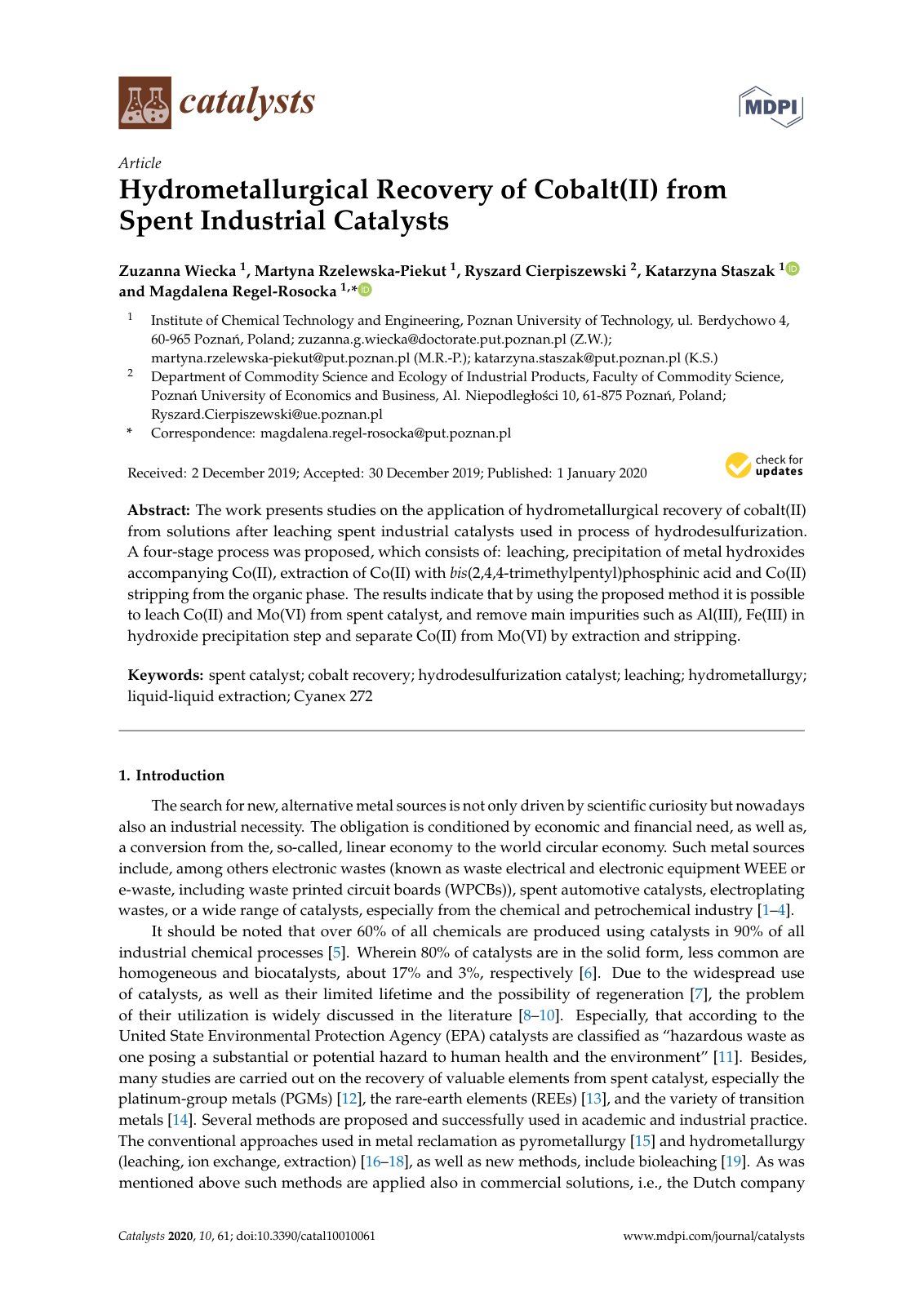 First page of Hydrometallurgical Recovery of Cobalt II