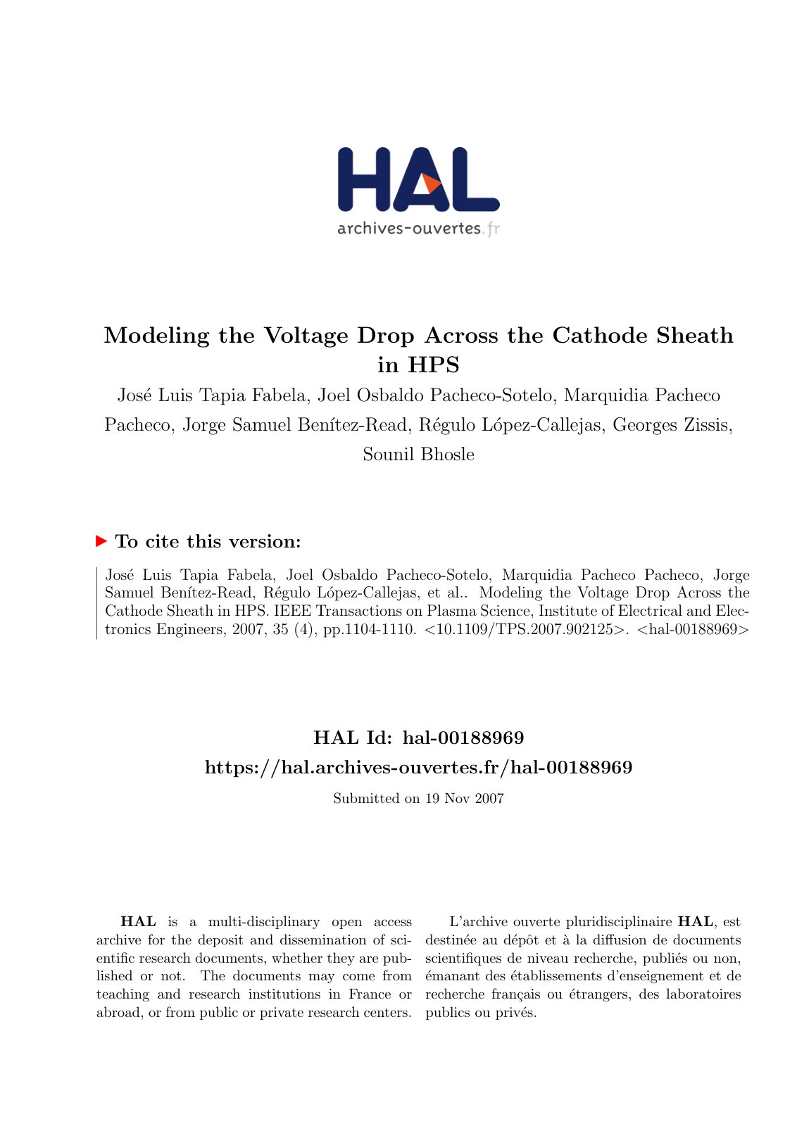 First page of Modeling the Voltage Drop Across the Cathode Sheath in HPS