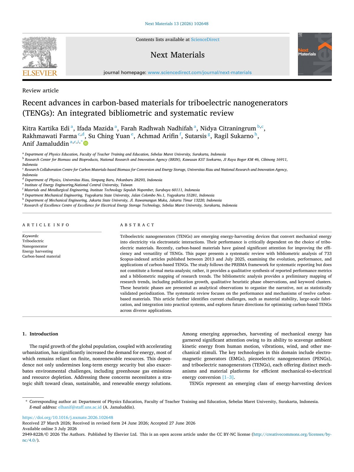 First page of Recent advances in carbon based materials for triboelectric nano 2026 Next M