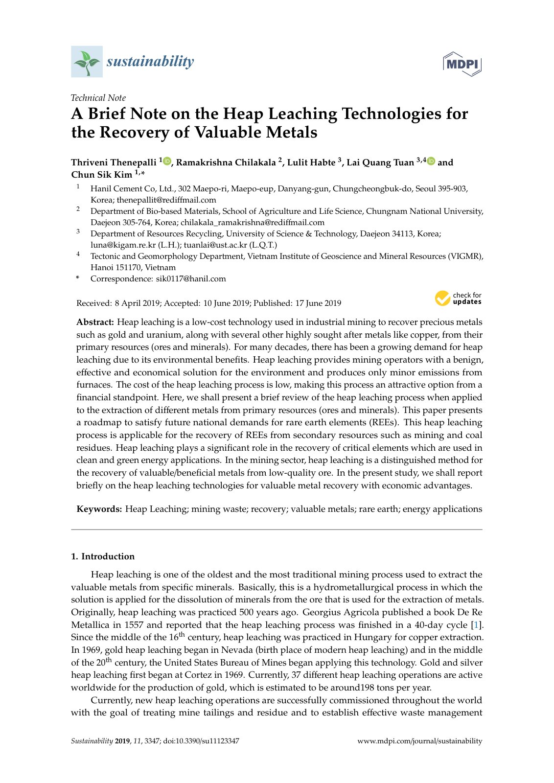 First page of A Brief Note on the Heap Leaching Technologies for the Recovery of Valuable Metals