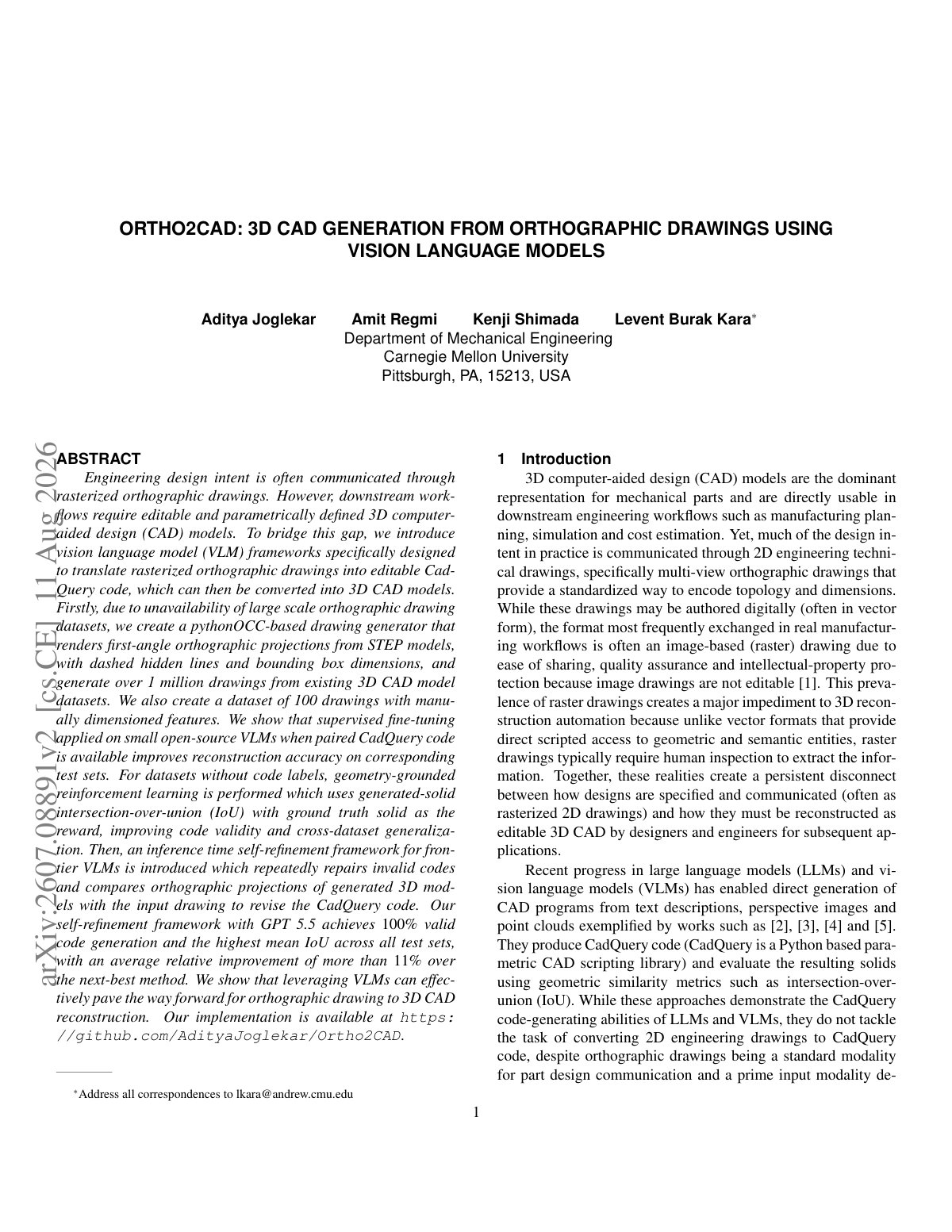 First page of 2026 Joglekar Ortho2CAD Orthographic Drawings