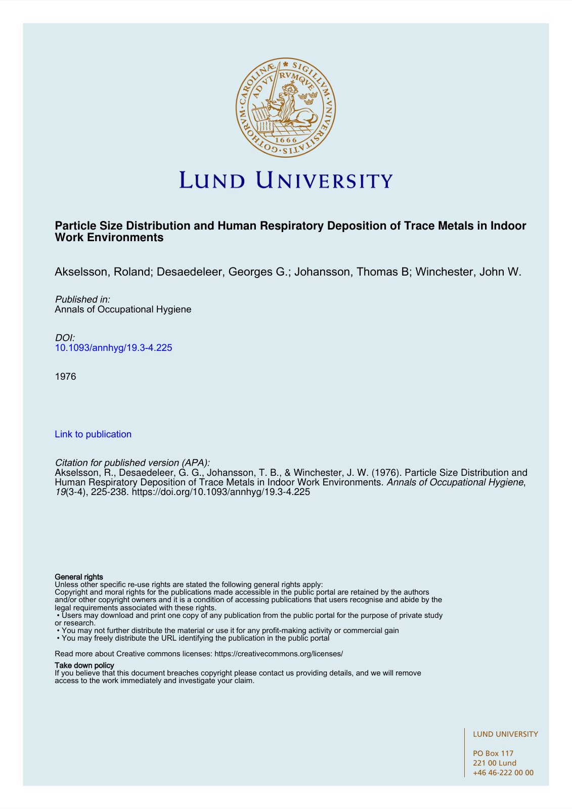 First page of Particle Size Distribution and Human Respiratory Deposition of Trace Metals in Indoor Work Environments