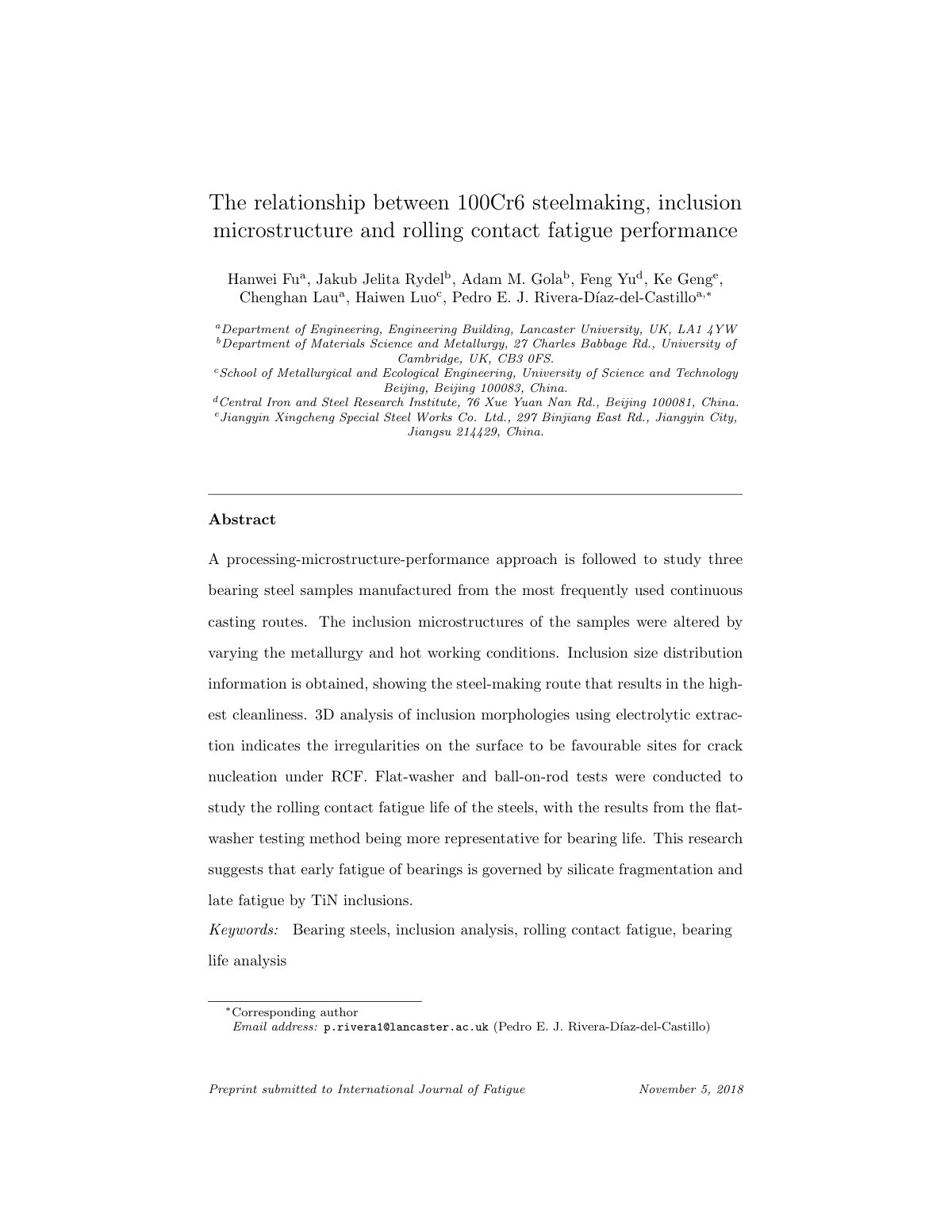 First page of 040 The relationship between 100Cr6 steelmaking inclusion microstructure and rolling contact fatigue performance