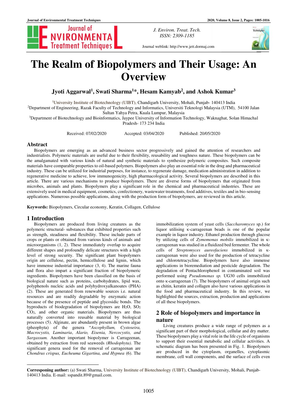 First page of The Realm of Biopolymers and Their Usage