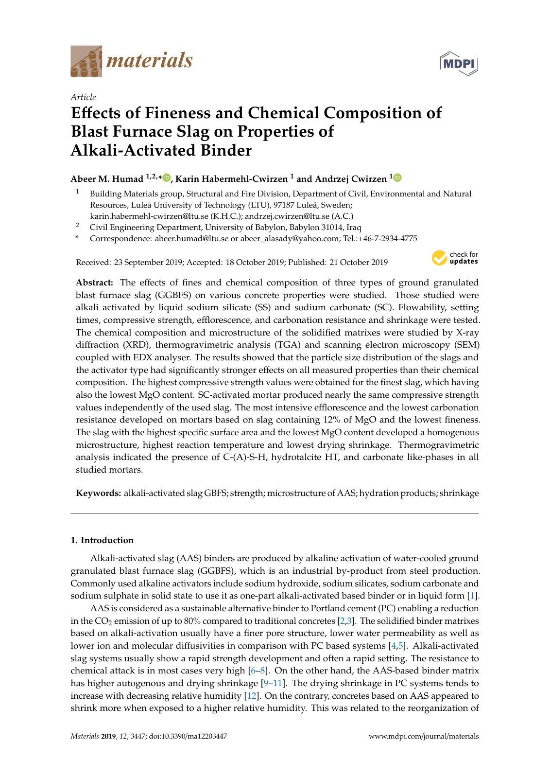 First page of Eﬀects of Fineness and Chemical Composition of Blast Furnace Slag on Properties of Alkali-Activated Binder