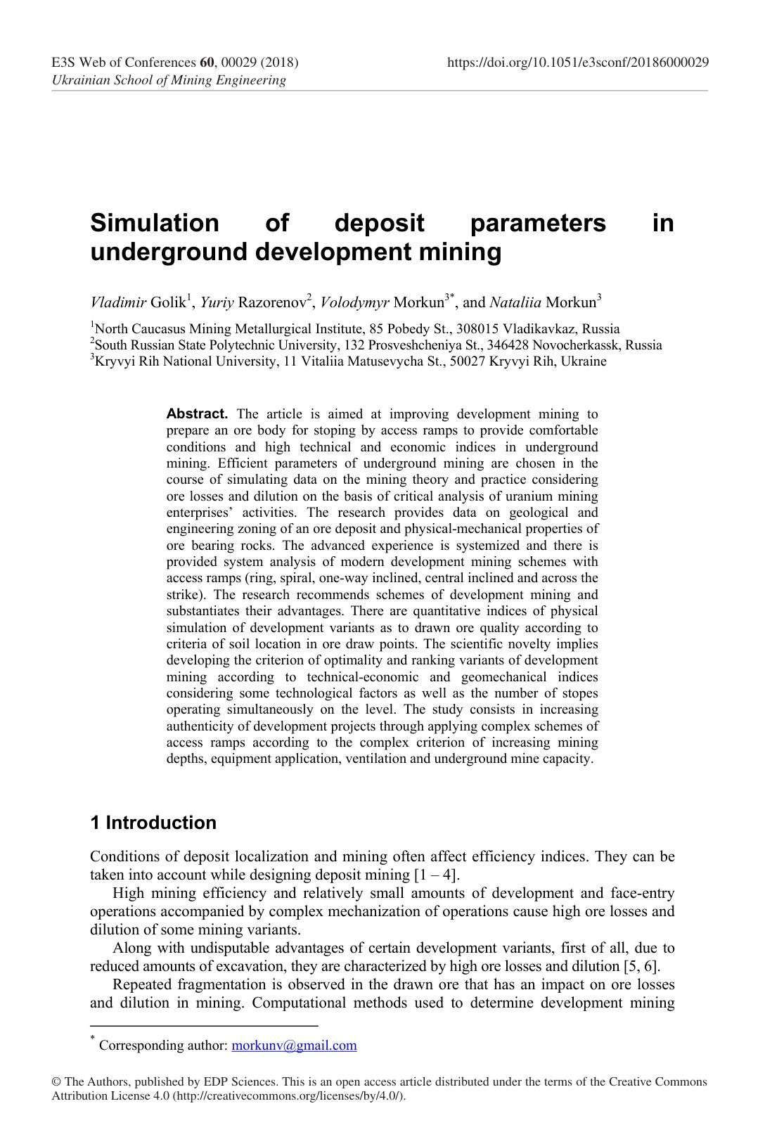 First page of Simulation of deposit parameters in unde