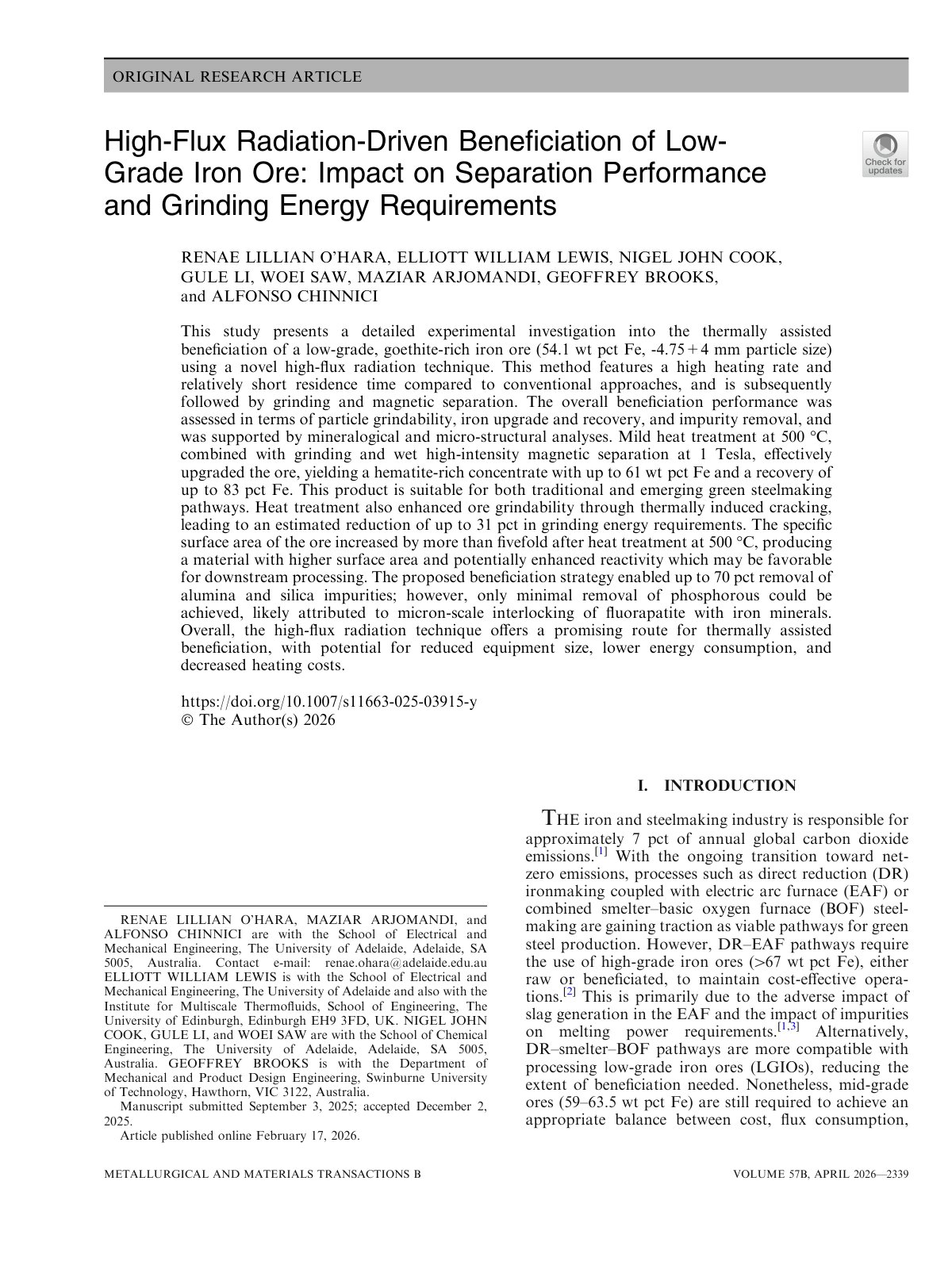 First page of High-Flux Radiation-Driven Beneficiation of Low-Grade Iron Ore: Impact on Separation Performance and Grinding Energy Requirements