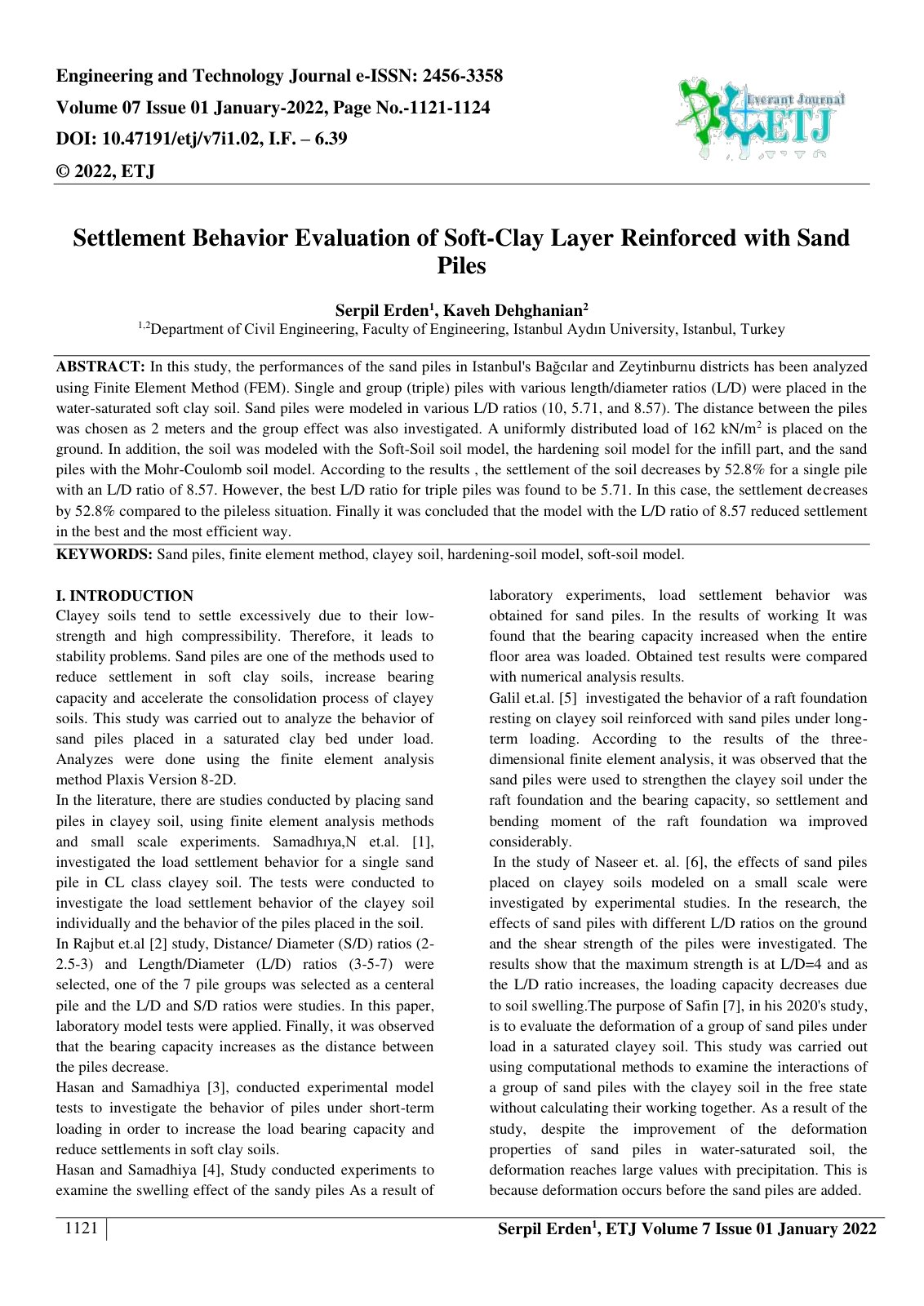 First page of Settlement Behavior Evaluation of Soft Clay Layer Reinforced with Sand 