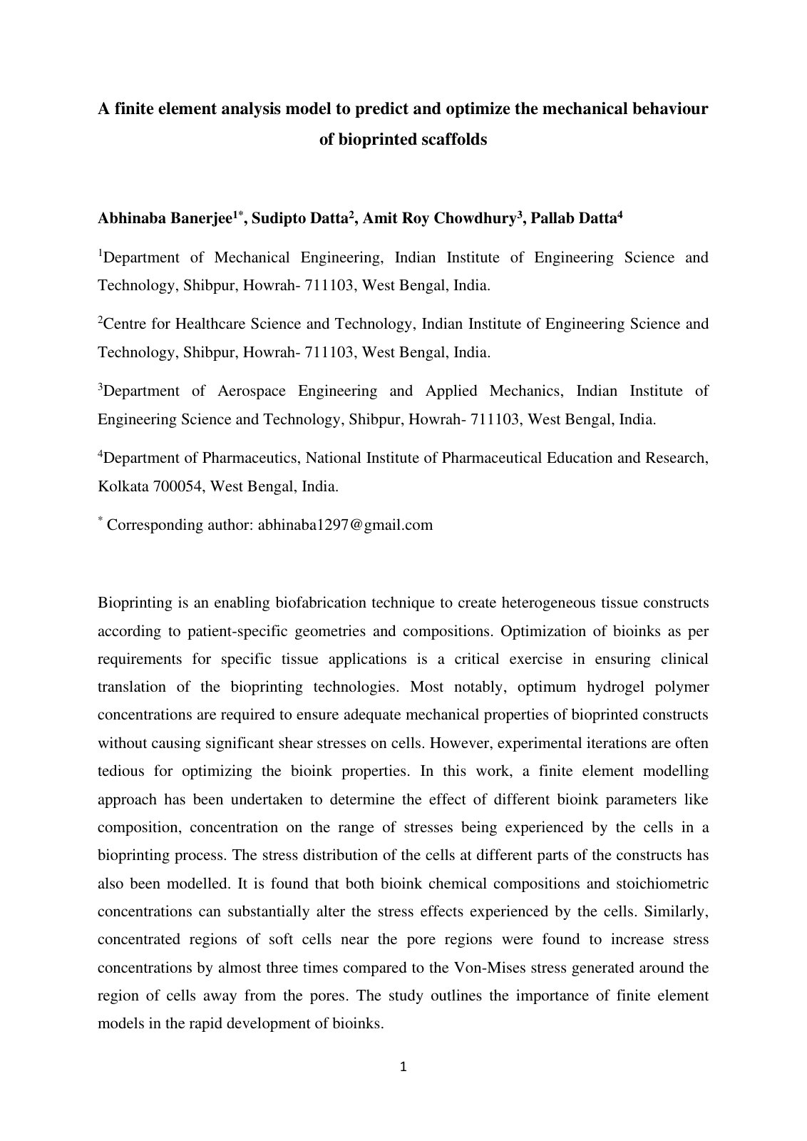 First page of A finite element analysis model to predict and optimize the mechanical behaviour