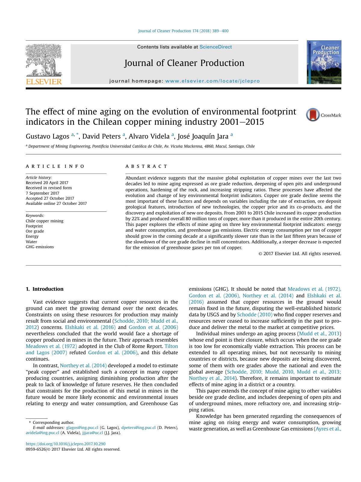 First page of The effect of mine aging on the evolution of environmental footprint indicators in the Chilean copper mining industry 2001e2015