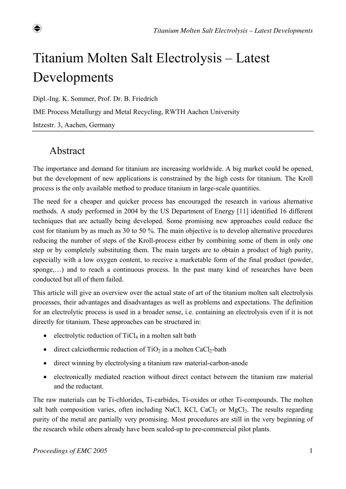 First page of Titanium Molten Salt Electrolysis Latest