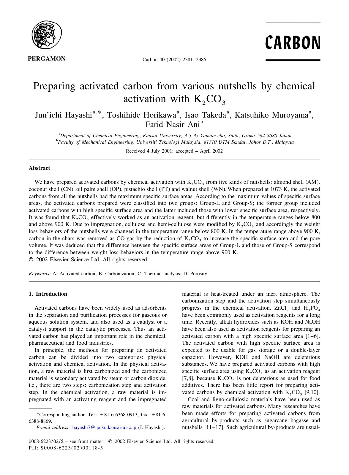 First page of Preparing activated carbon from various