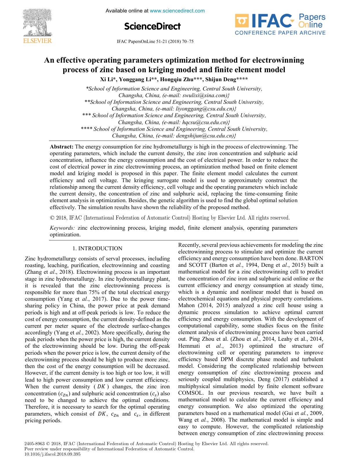 First page of An effective operating parameters optimization method for electrowinning process of zinc based on kriging model and finite element model