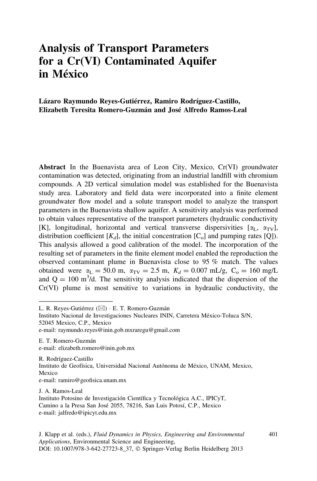 First page of Analysis of Transport Parameters for a Cr(VI) Contaminated Aquifer in México