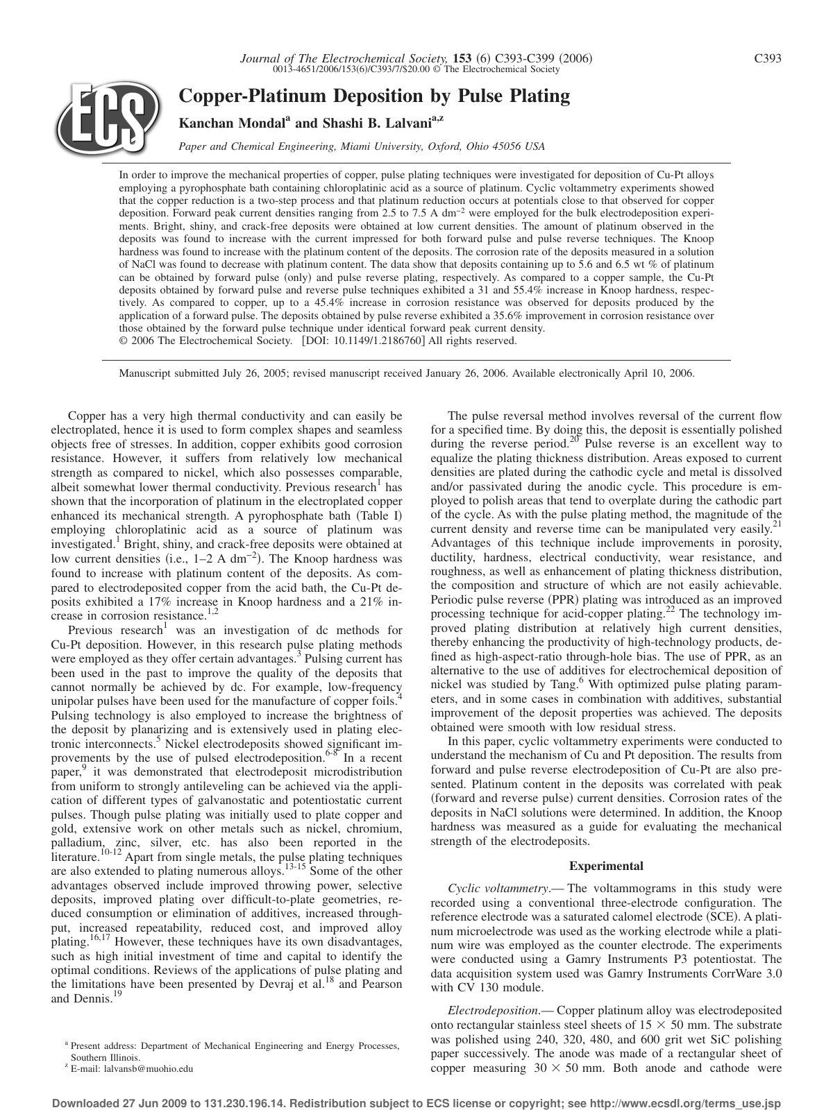 First page of Copper-Platinum Deposition by Pulse Plating