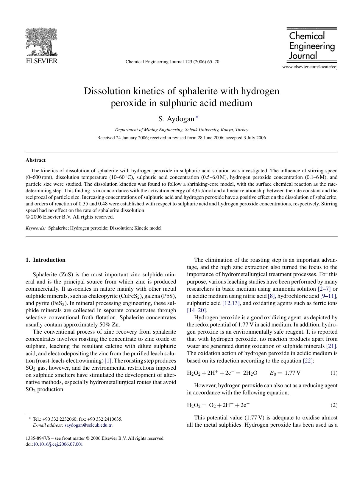 First page of Dissolution kinetics of sphalerite with