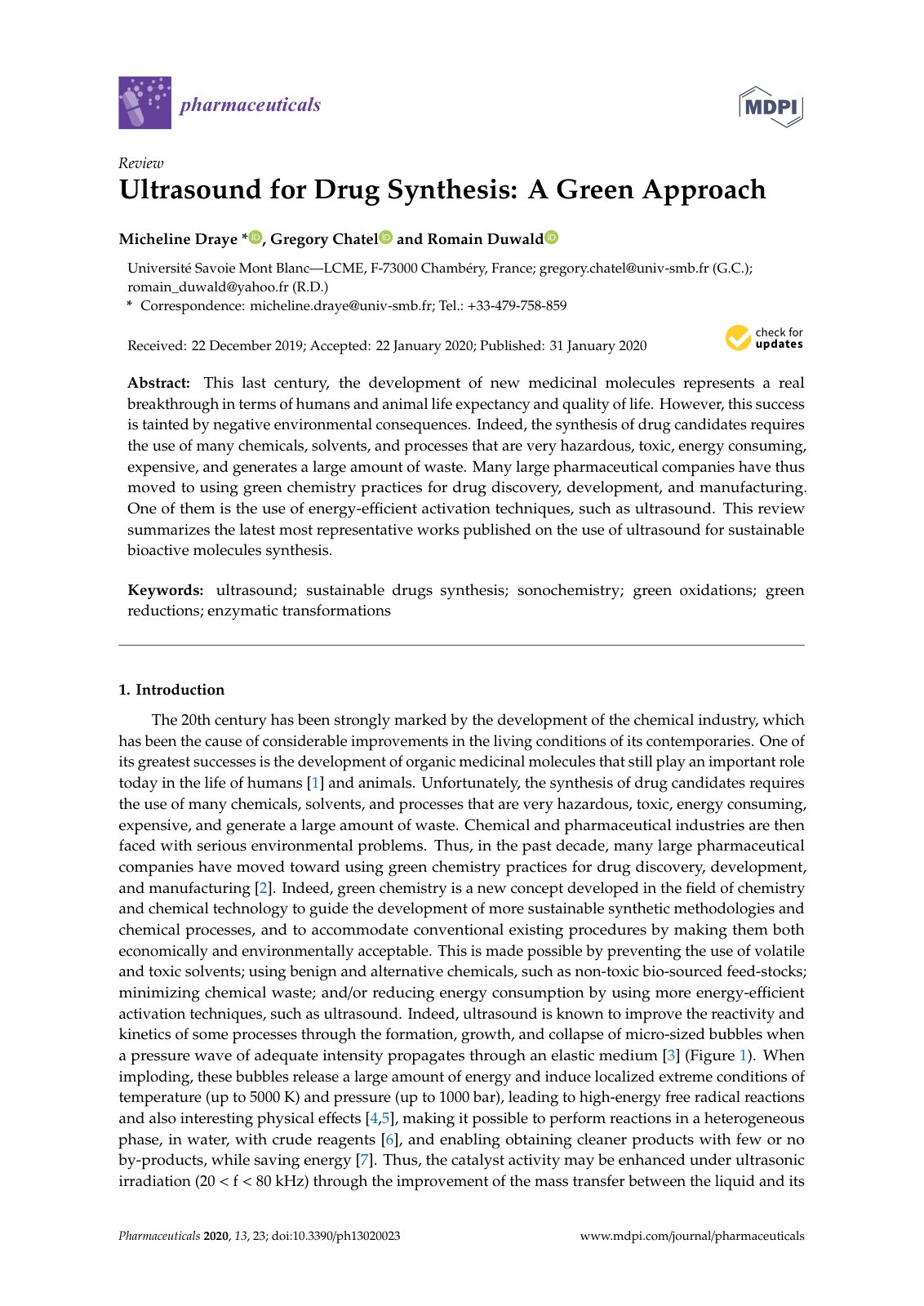 First page of Ultrasound for Drug Synthesis A Green Ap