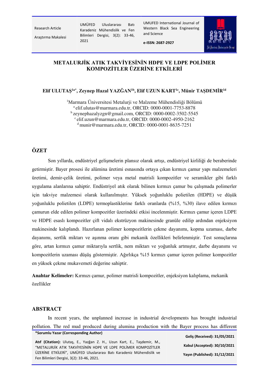 First page of Metalurjik Atik Takviyesinin HDPE ve LDP