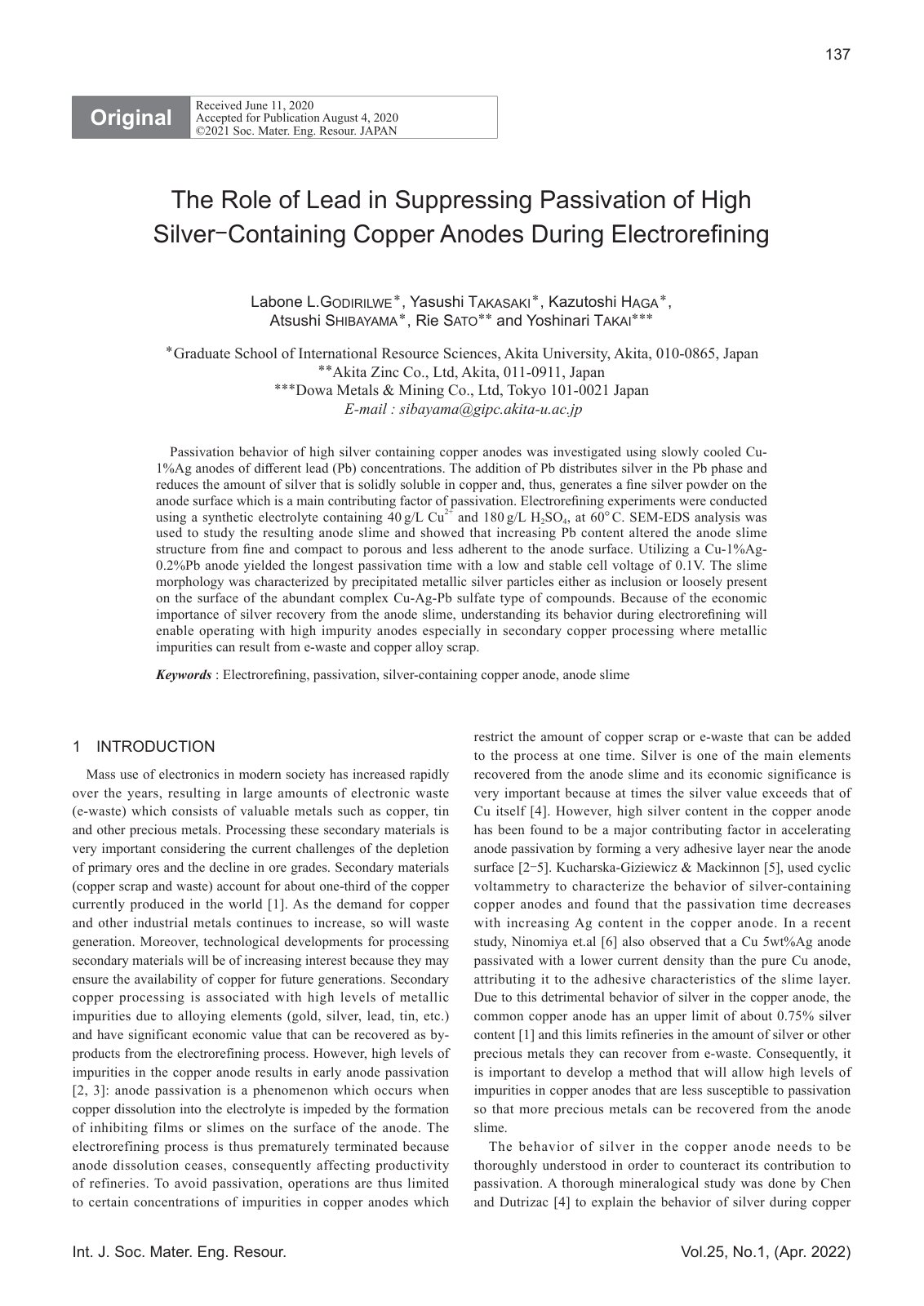 First page of Factors affecting the electrochemical behaviour of copper anodes under simulated electrorefining conditions
