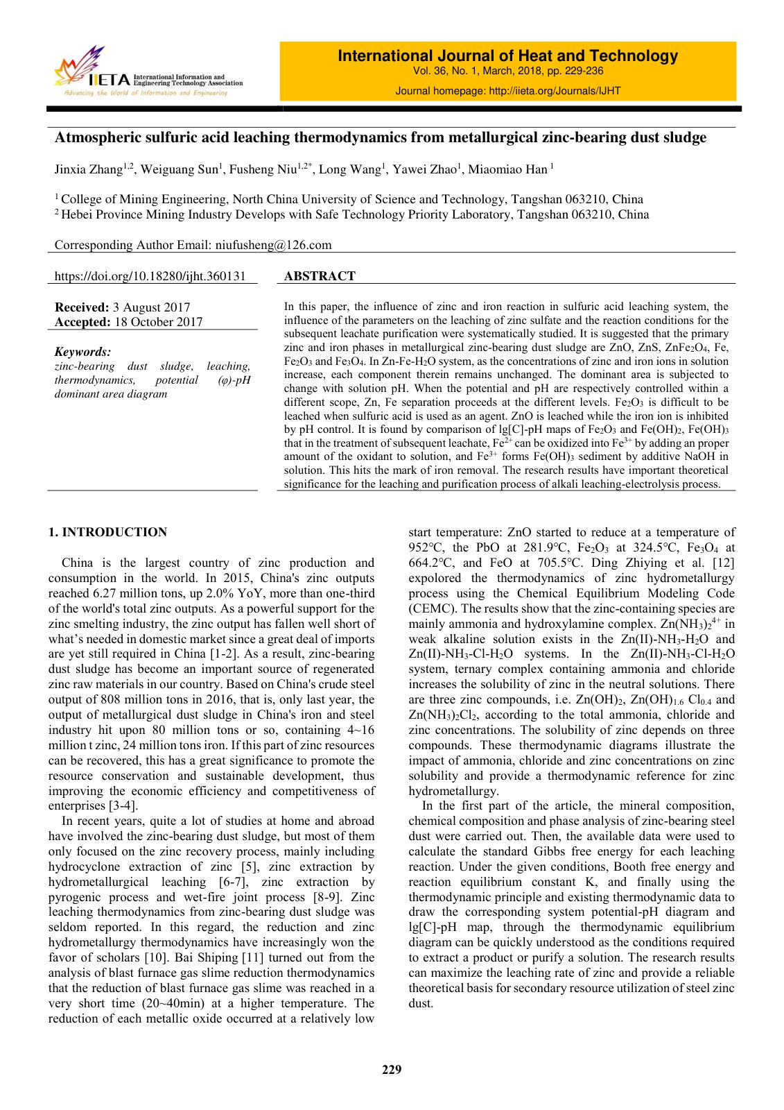 First page of 2018 Jinxia Zhang Atmospheric sulfuric acid leaching thermodynamics from metallurgical zinc bearing dust sludge ijht.360131