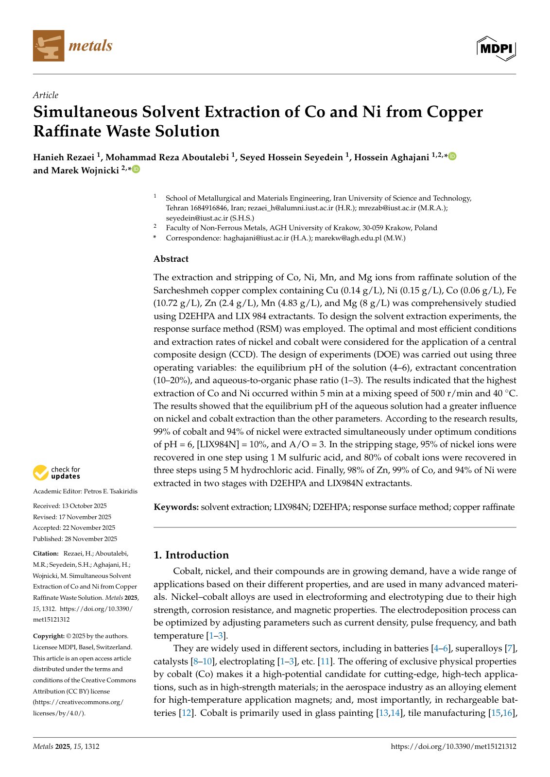 First page of Simultaneous Solvent Extraction of Co and Ni from Copper Raffinate Waste Solution