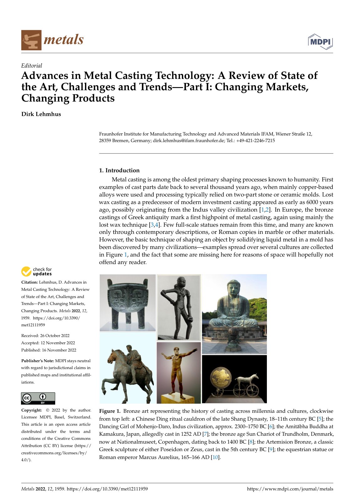 First page of Advances in Metal Casting Technology: A Review of State of the Art, Challenges and Trends—Part I: Changing Markets, Changing Products