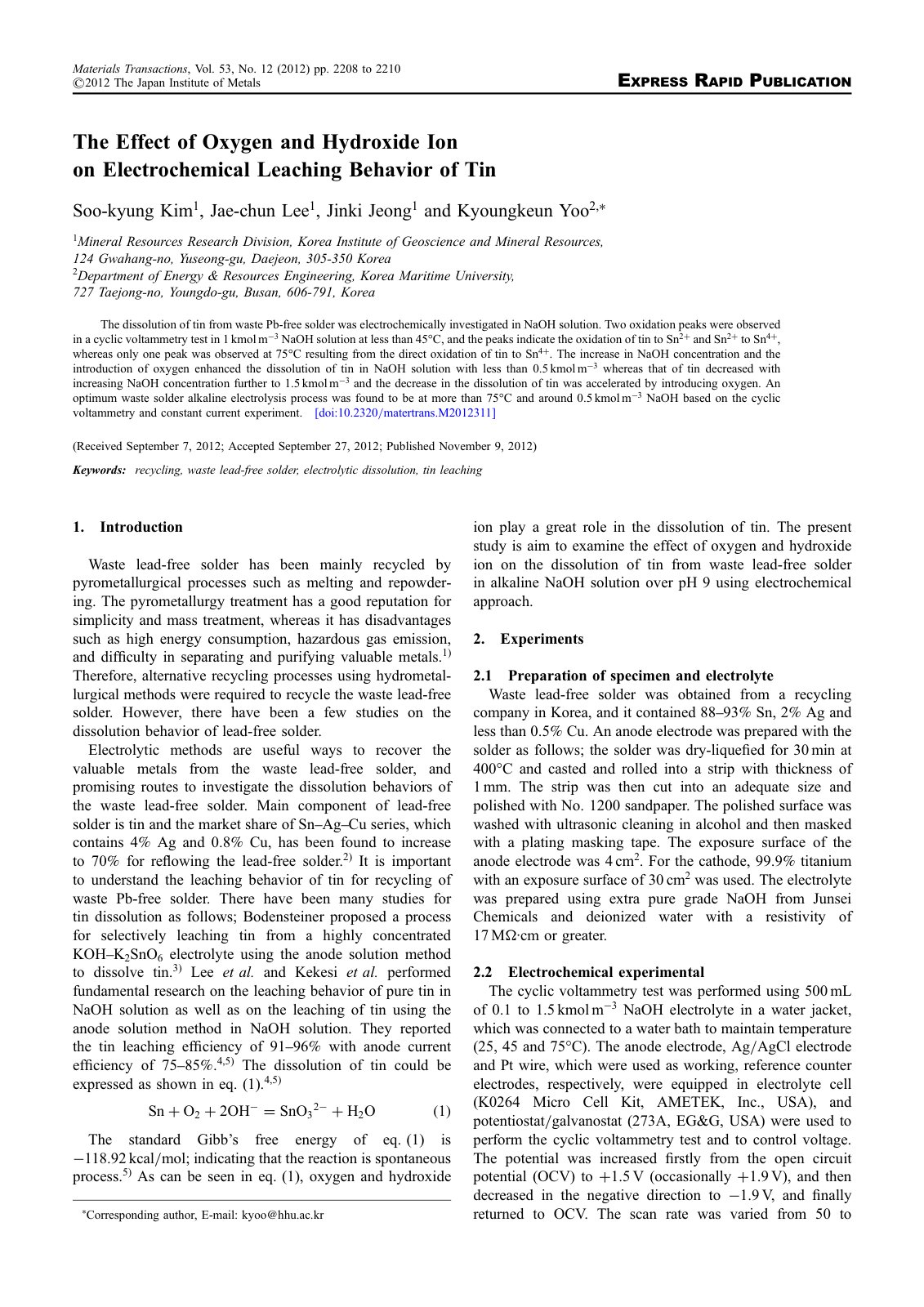 First page of The Effect of Oxygen and Hydroxide Ion on Electrochemical Leaching Behavior of Tin