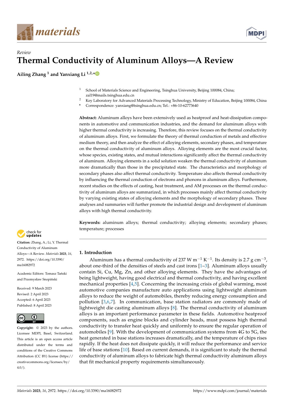First page of Thermal Conductivity of Aluminum Alloys—A Review