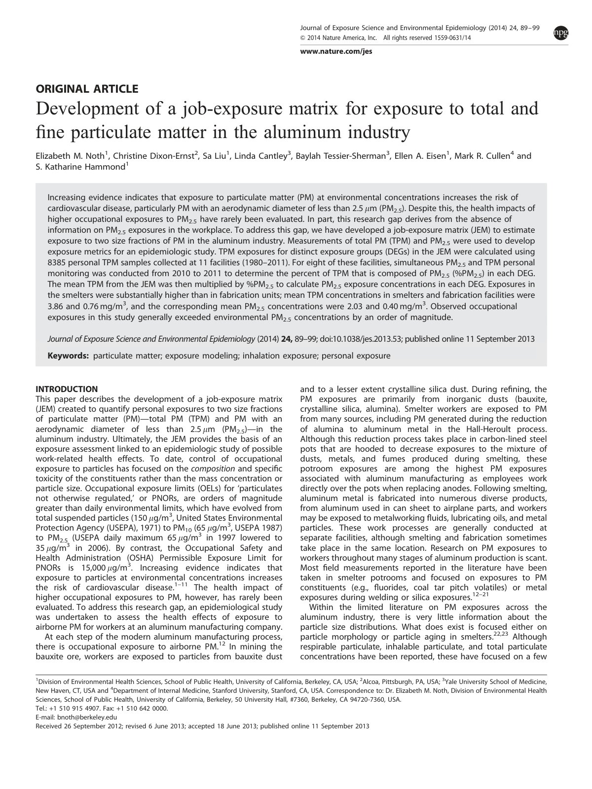 First page of Development of a job-exposure matrix for exposure to total and fine particulate matter in the aluminum industry