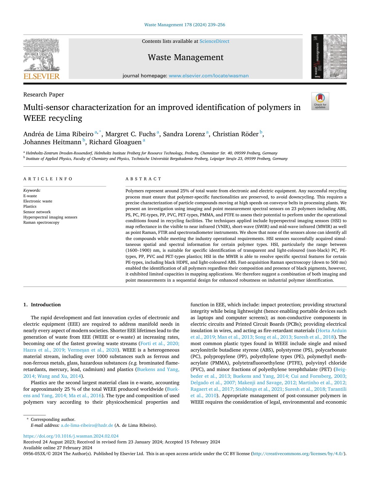 First page of Multi sensor characterization for an improved identification 2024 Waste Mana