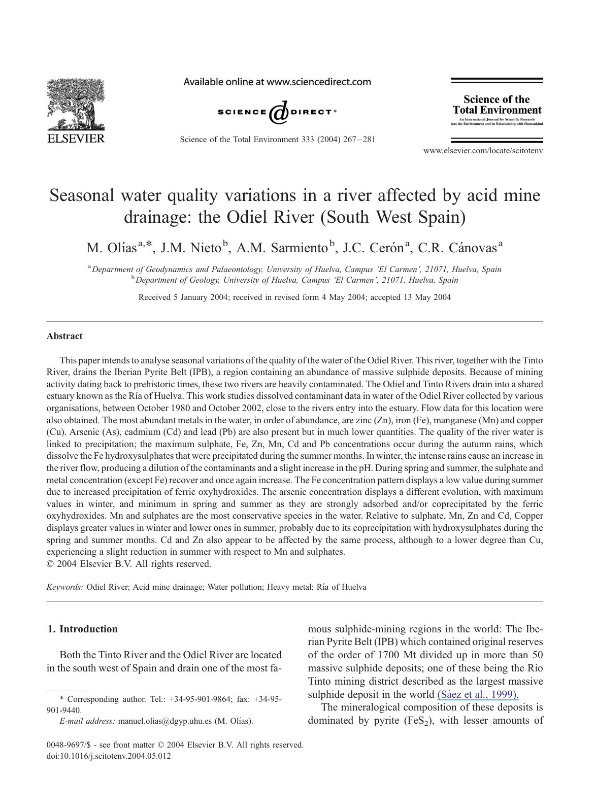 First page of Seasonal water quality variations in a river affected by acid mine drainage: the Odiel River (South West Spain)