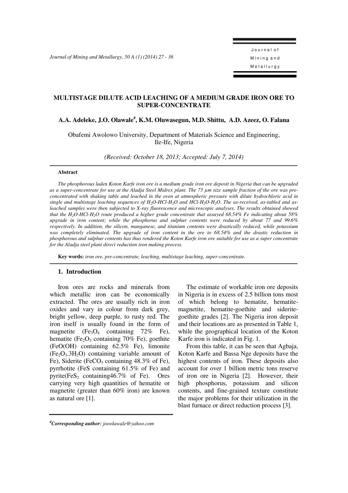 First page of MULTISTAGE DILUTE ACID LEACHING OF A MED