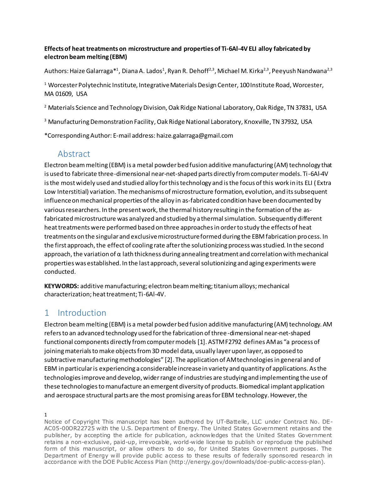 First page of Effects of heat treatments on microstructure and properties of Ti-6Al-4V ELI alloy fabricated by electron beam melting (EBM)