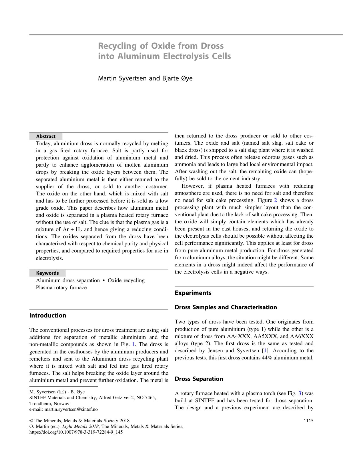 First page of Recycling of Oxide from Dross into Alumi