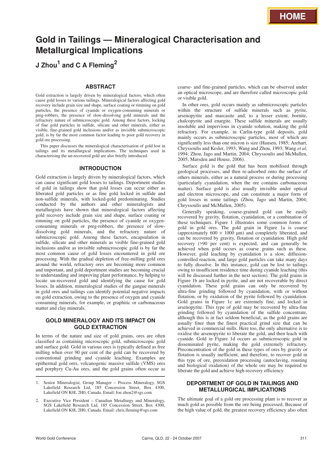First page of Gold in Tailings — Mineralogical Characterisation and Metallurgical Implications