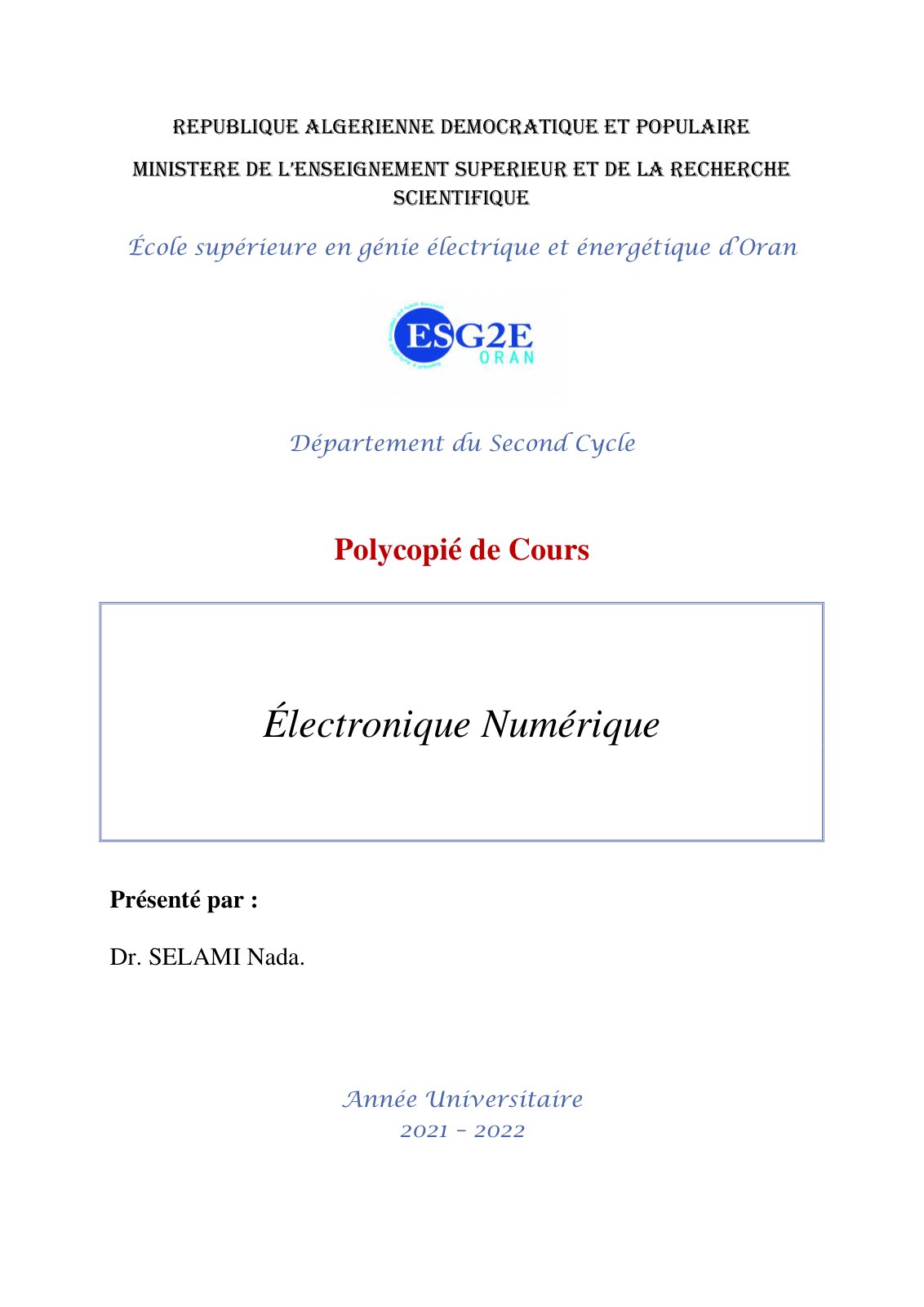 First page of Cours d'Electronique numérique (1)