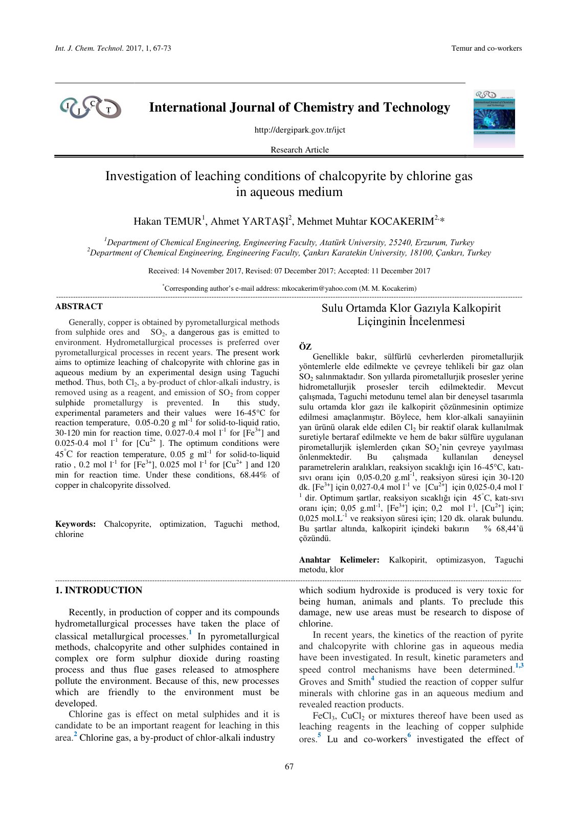 First page of Investigation of leaching conditions of