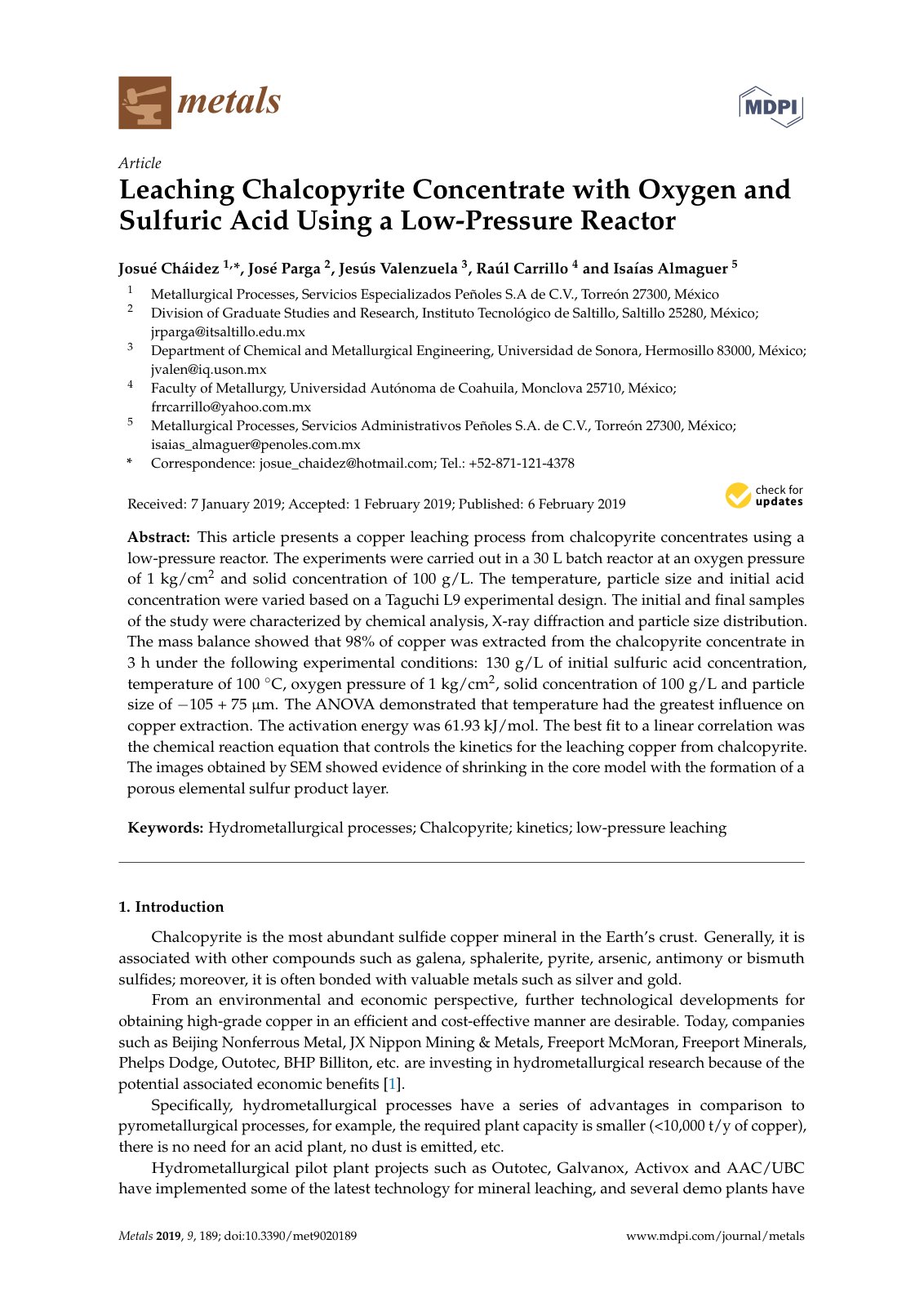 First page of Leaching Chalcopyrite Concentrate with O