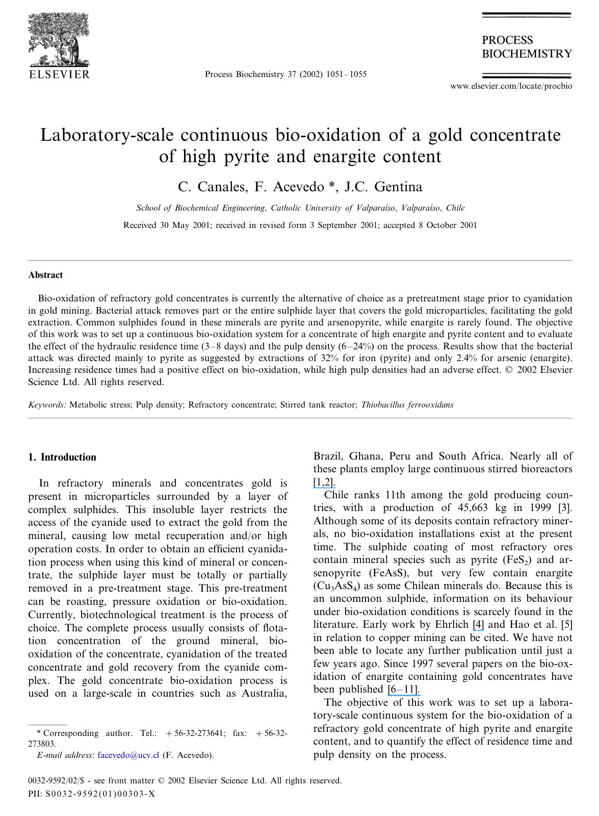 First page of Laboratory scale continuous bio oxidatio