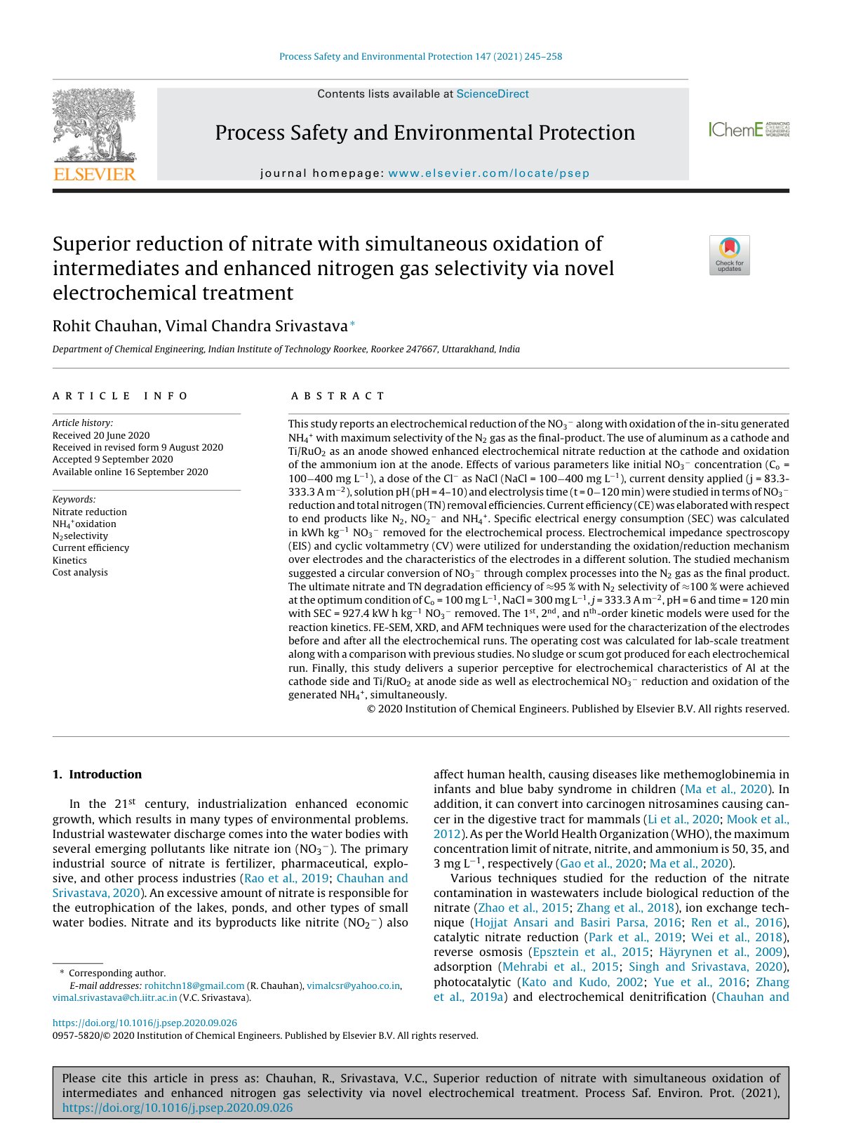 First page of Superior reduction of nitrate with simultaneous oxidation of intermediates and enhanced nitrogen gas selectivity via novel electrochemical treatment