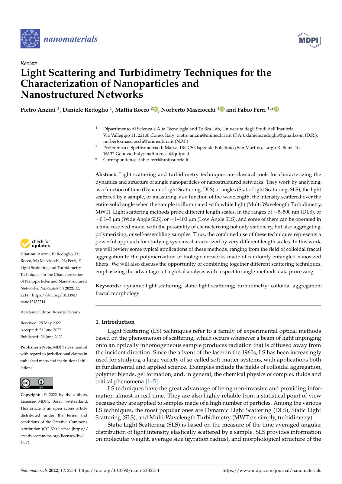 First page of Light Scattering and Turbidimetry Techniques for the Characterization of Nanoparticles and Nanostructured Networks
