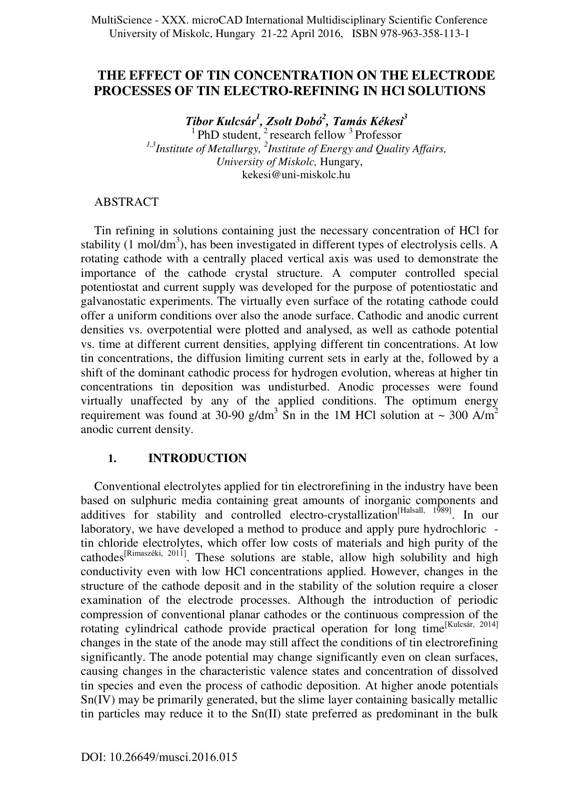 First page of THE EFFECT OF TIN CONCENTRATION ON THE ELECTRODE PROCESSES OF TIN ELECTRO-REFINING IN HCl SOLUTIONS