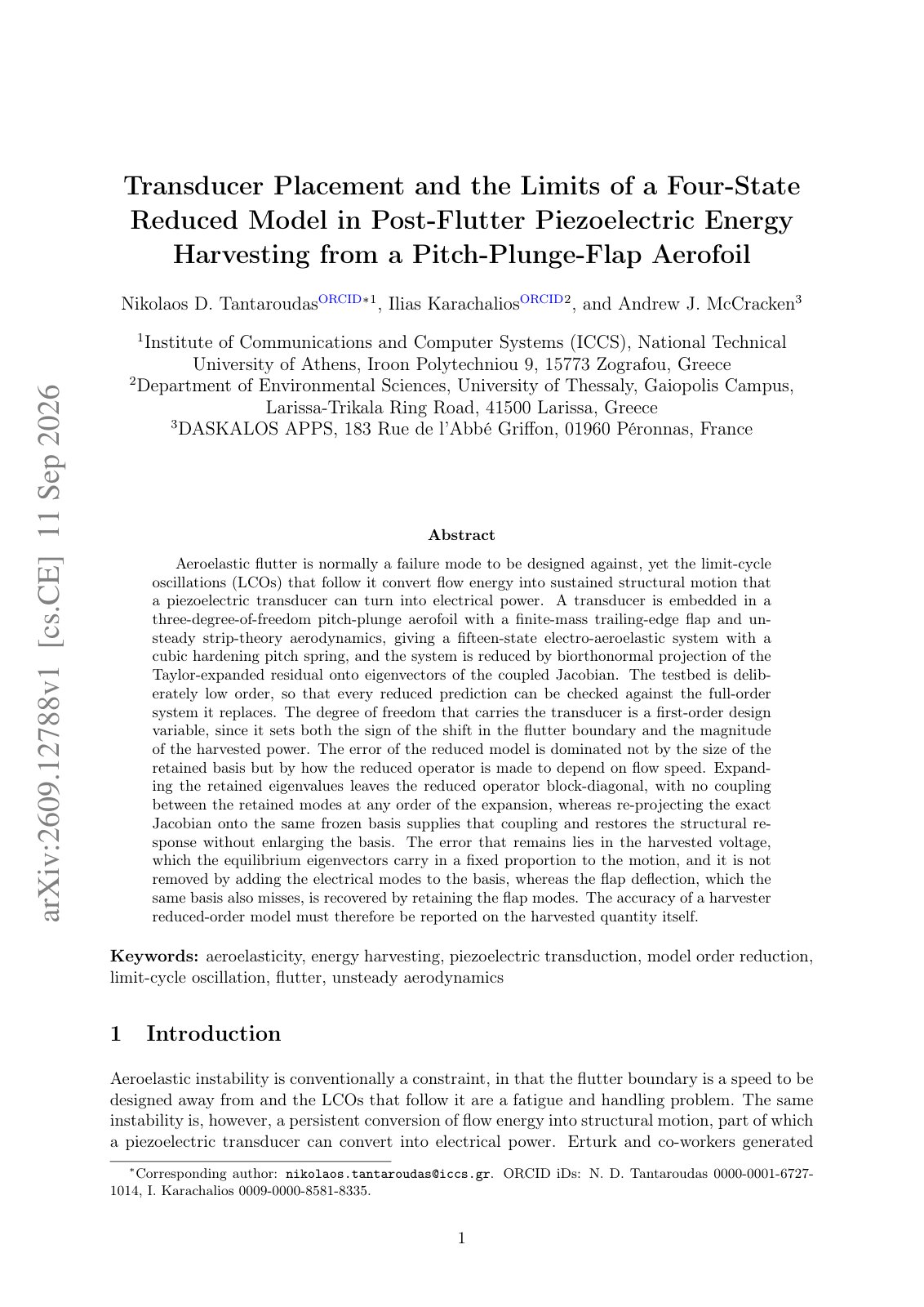 First page of Transducer Placement and the Limits of a Four-State Reduced Model in Post-Flutter Piezoelectric Energy Harvesting from a Pitch-Plunge-Flap Aerofoil