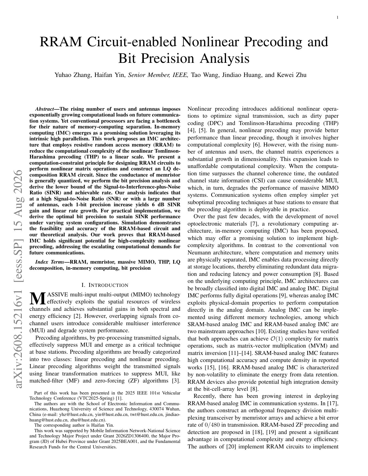 First page of 2026 Zhang RRAM Nonlinear Precoding