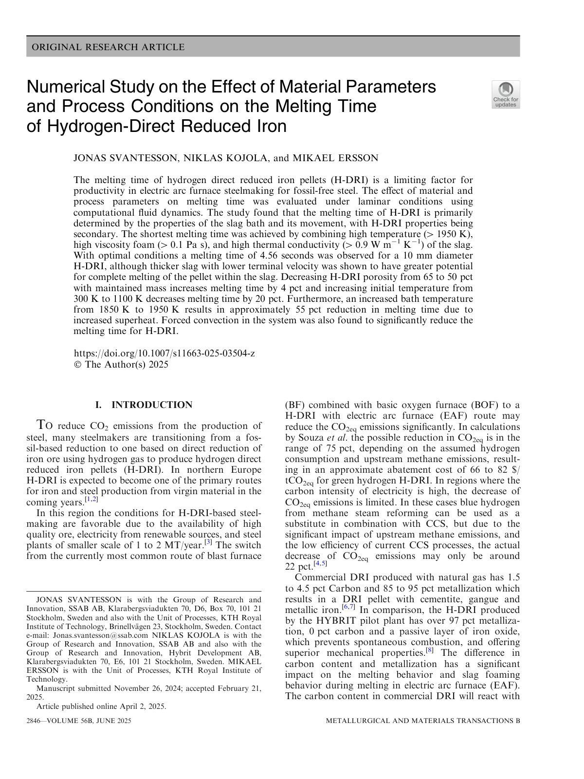 First page of 2025 Svantesson H DRI EAF Melting Time