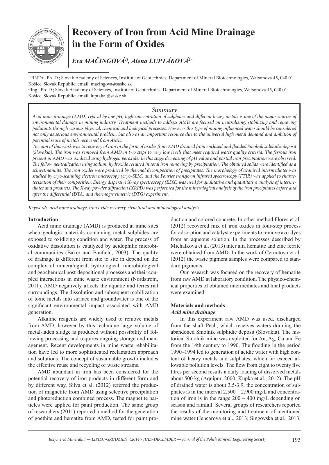 First page of Recovery of Iron from Acid Mine Drainage